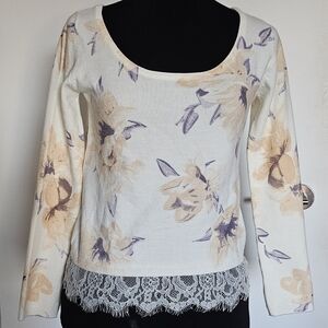 Rienda Gyaru Ivory Peach And Purple Knit Cropped Sweater Lace Trim